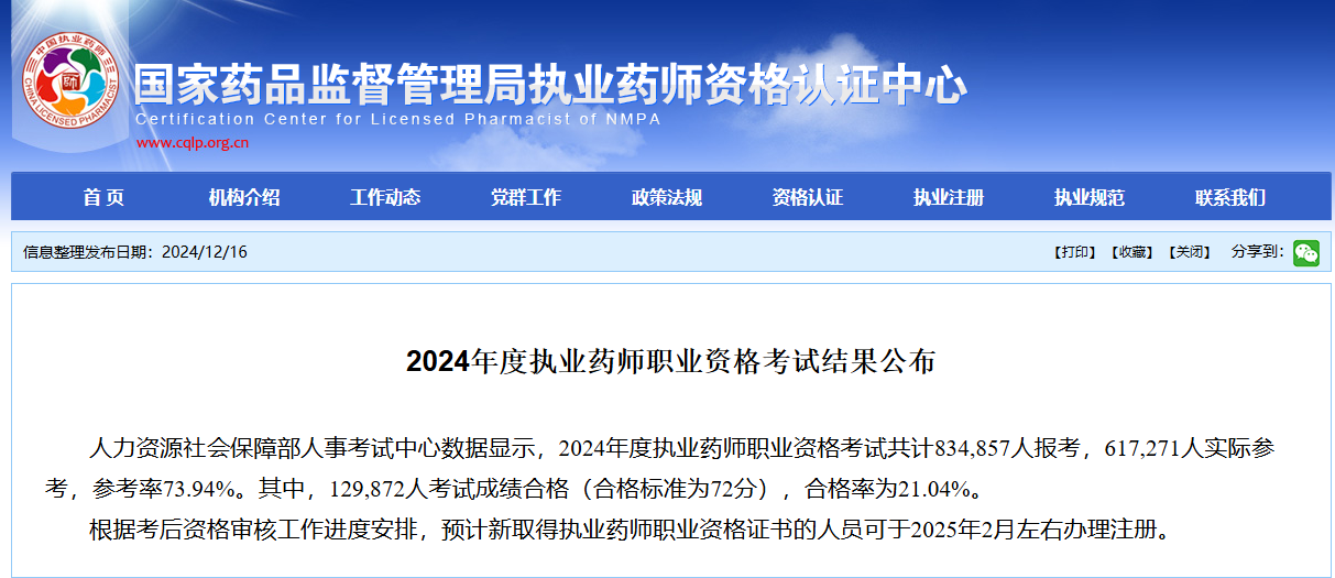 執(zhí)業(yè)藥師丨2024年度執(zhí)業(yè)藥師職業(yè)資格考試結果公布 圖1